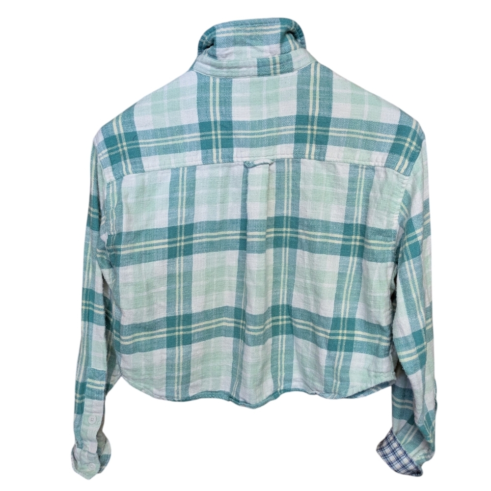 American Eagle Cropped Flannel Cotton Shirt Green Plaid Size Small - Picture 3 of 7